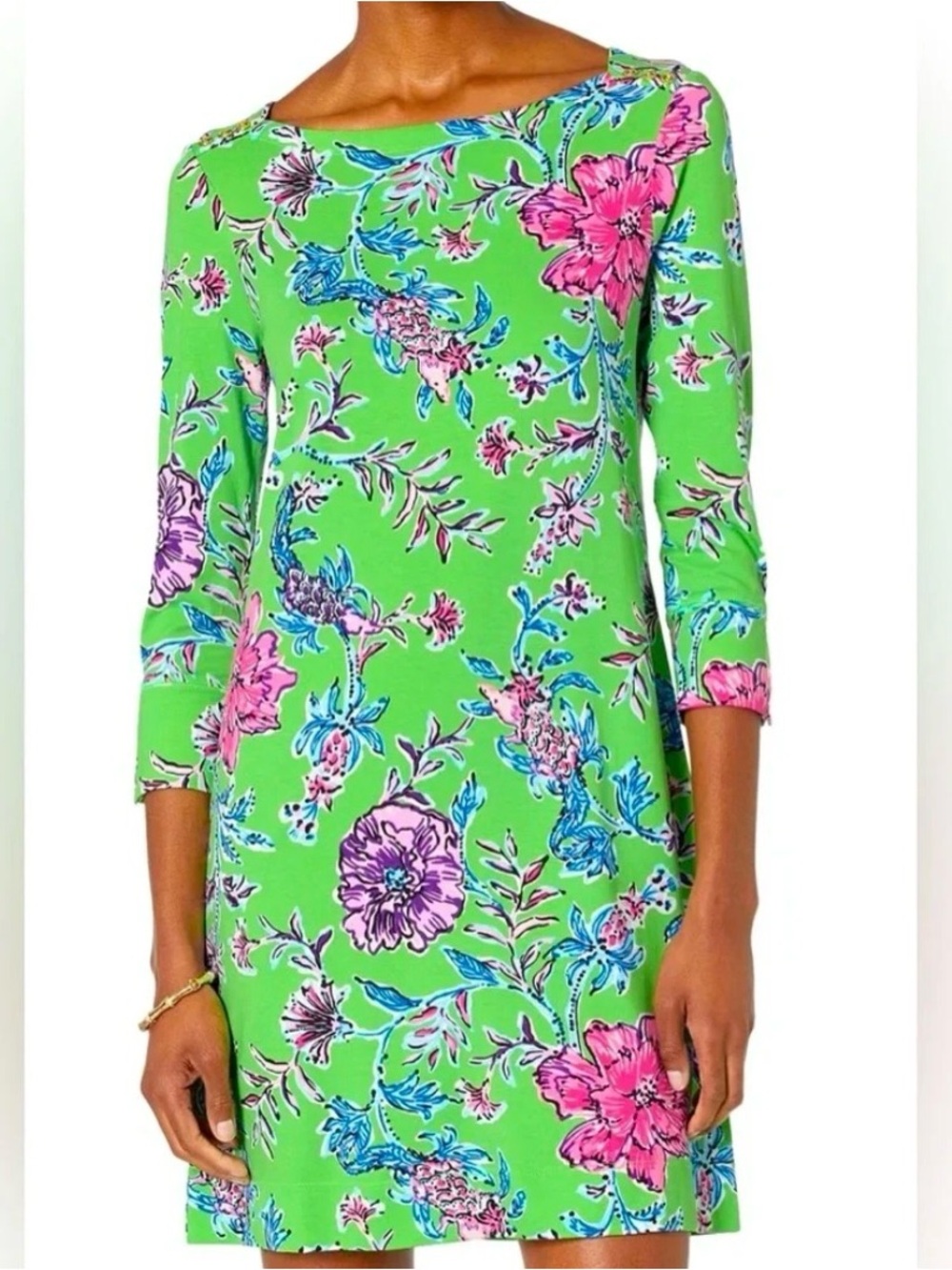 Lilly Pulitzer Green Pink Sheath Dress 3/4 Sleeve Bateau Neck